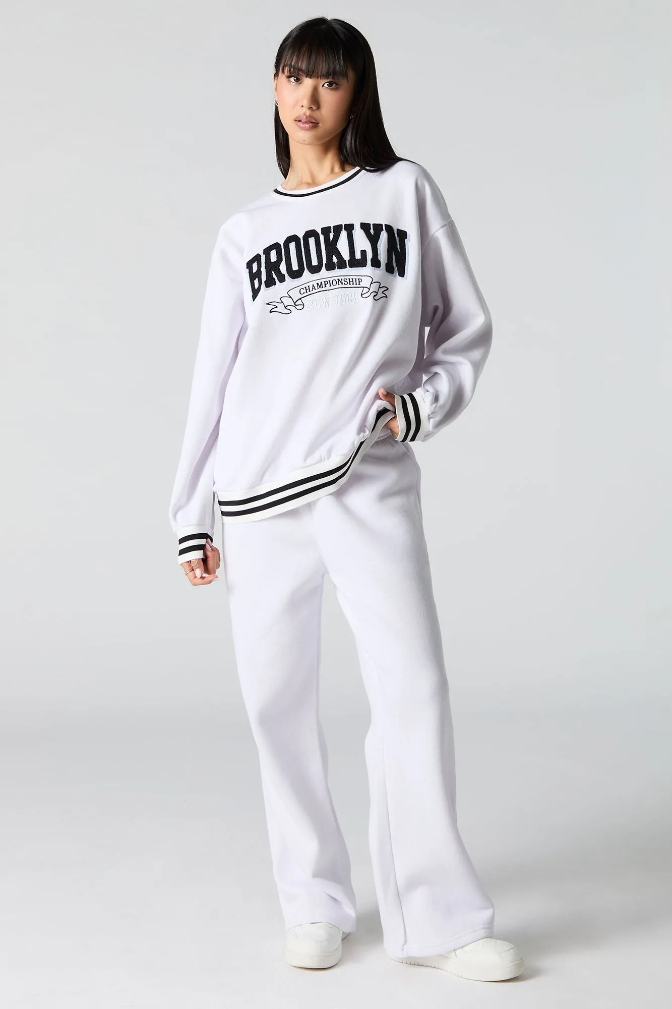 Embroidered Striped Trim Fleece Sweatshirt