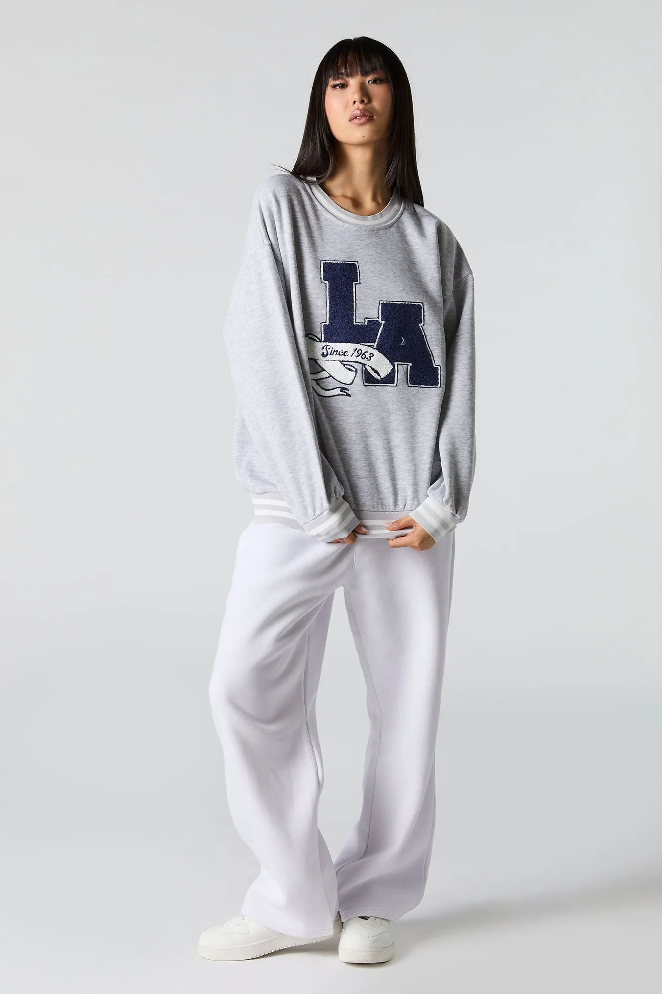 Embroidered Striped Trim Fleece Sweatshirt