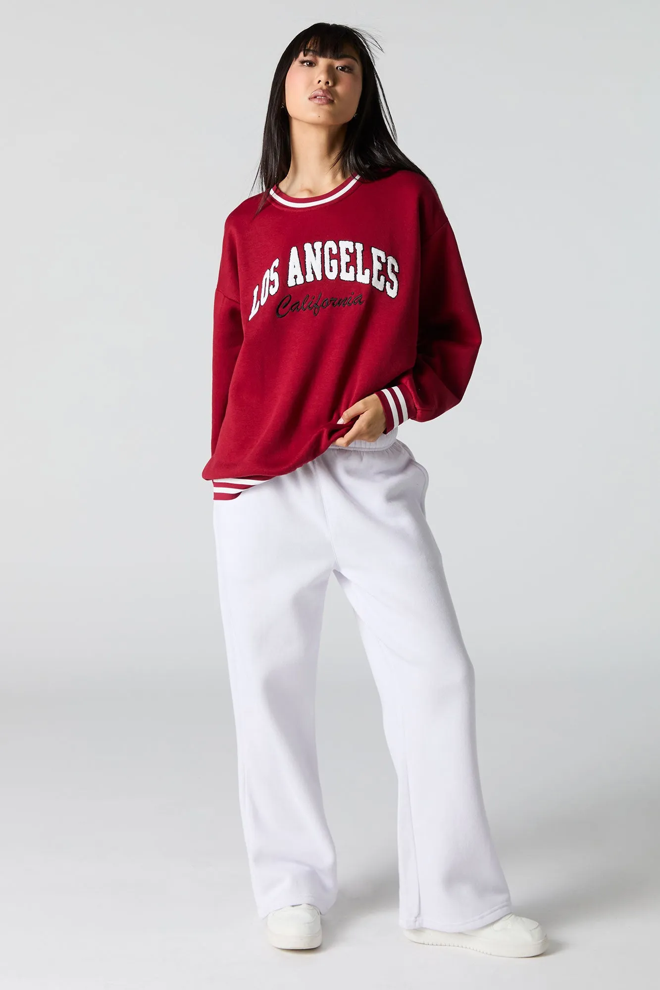 Embroidered Striped Trim Fleece Sweatshirt