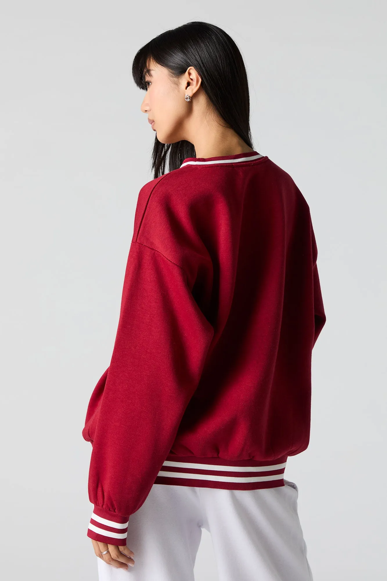 Embroidered Striped Trim Fleece Sweatshirt
