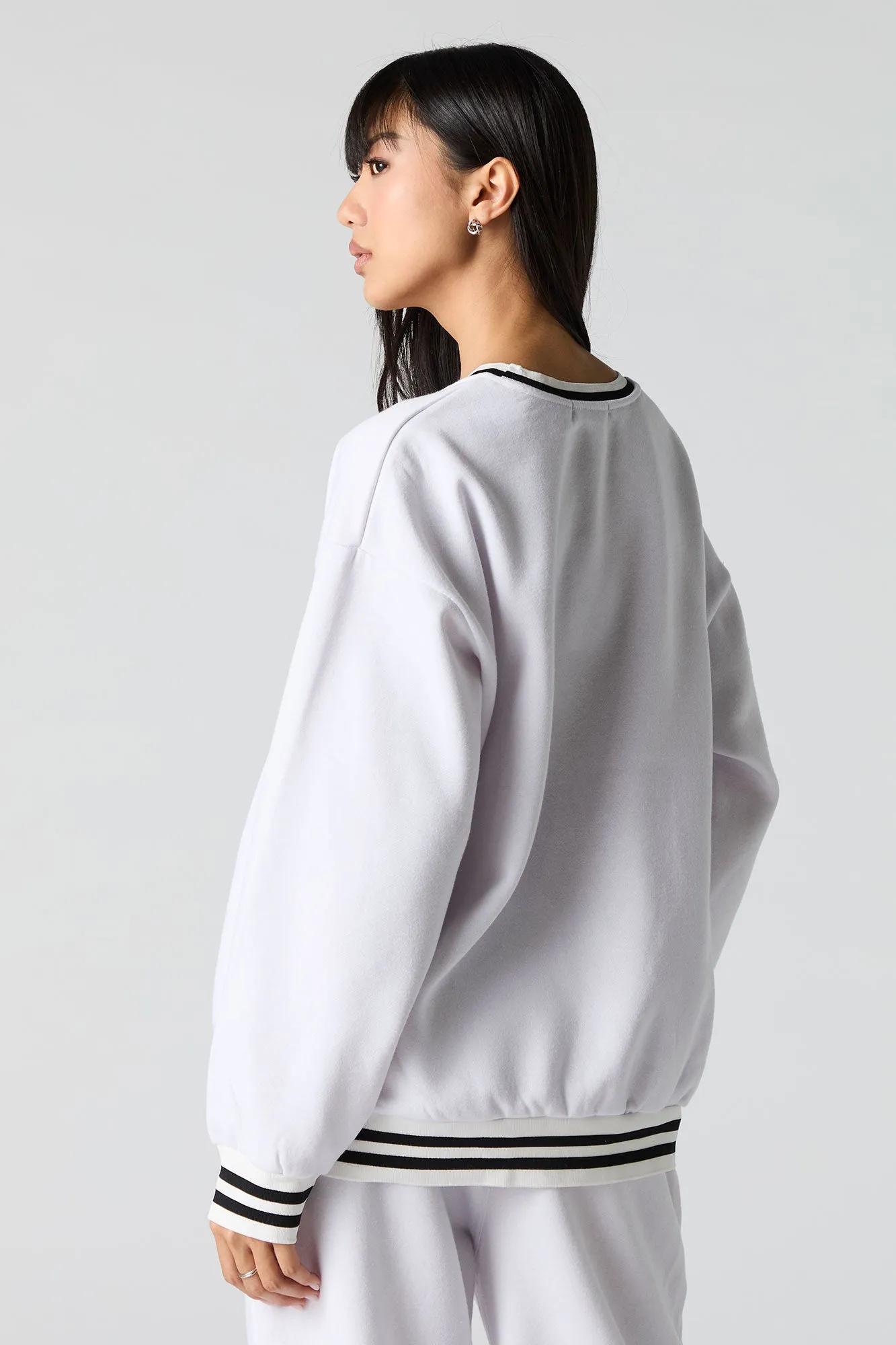 Embroidered Striped Trim Fleece Sweatshirt