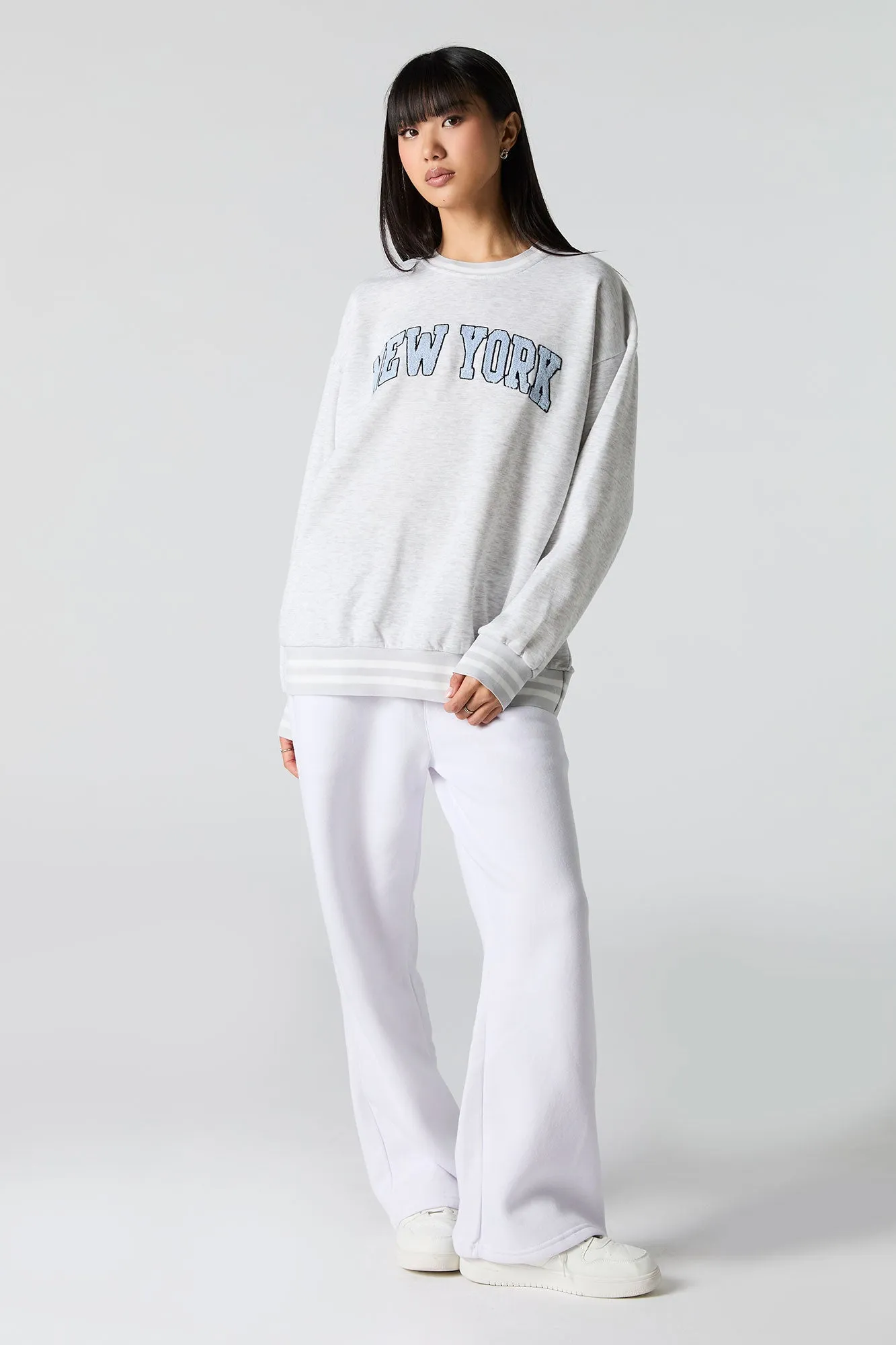Embroidered Striped Trim Fleece Sweatshirt
