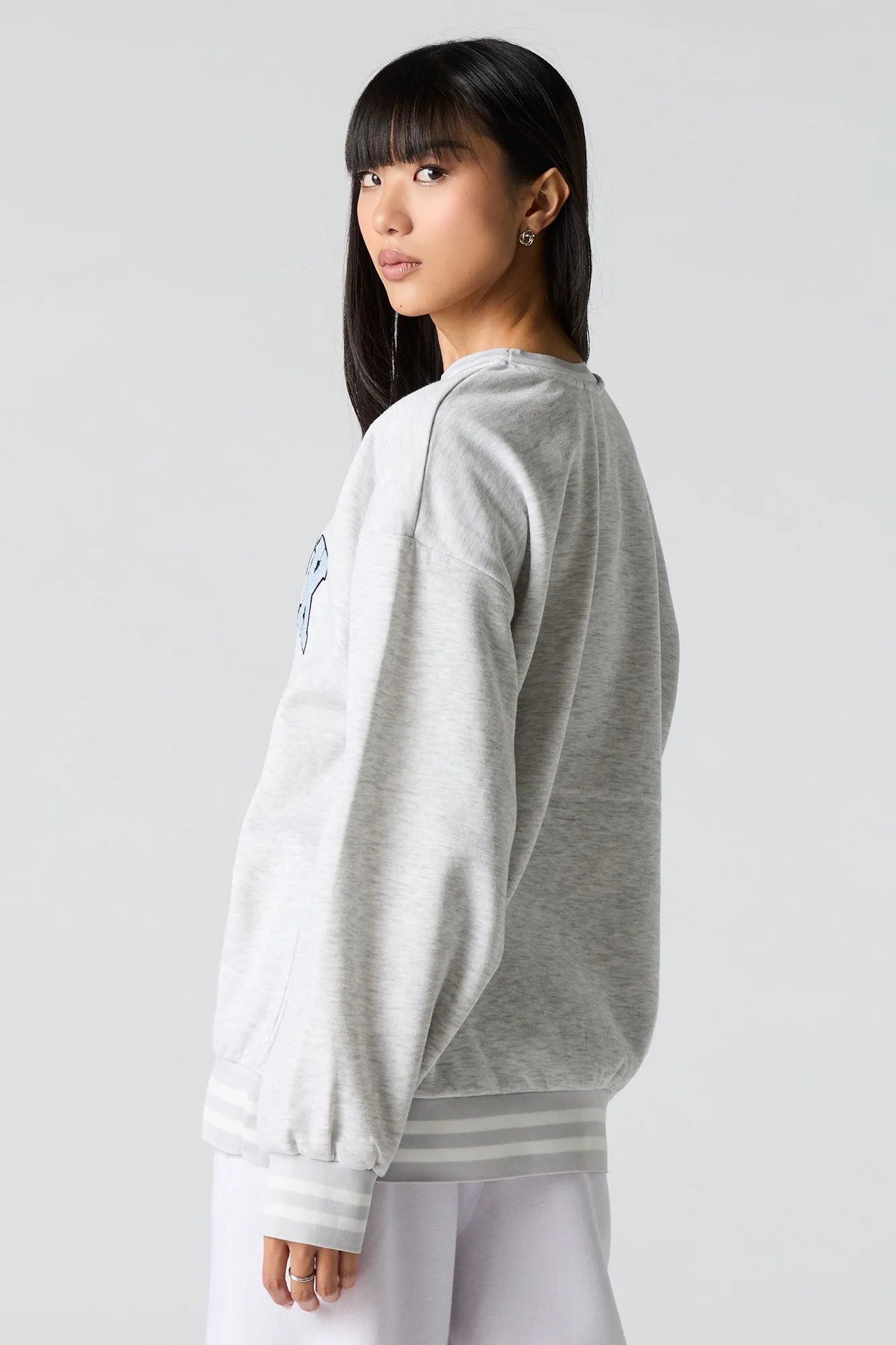 Embroidered Striped Trim Fleece Sweatshirt