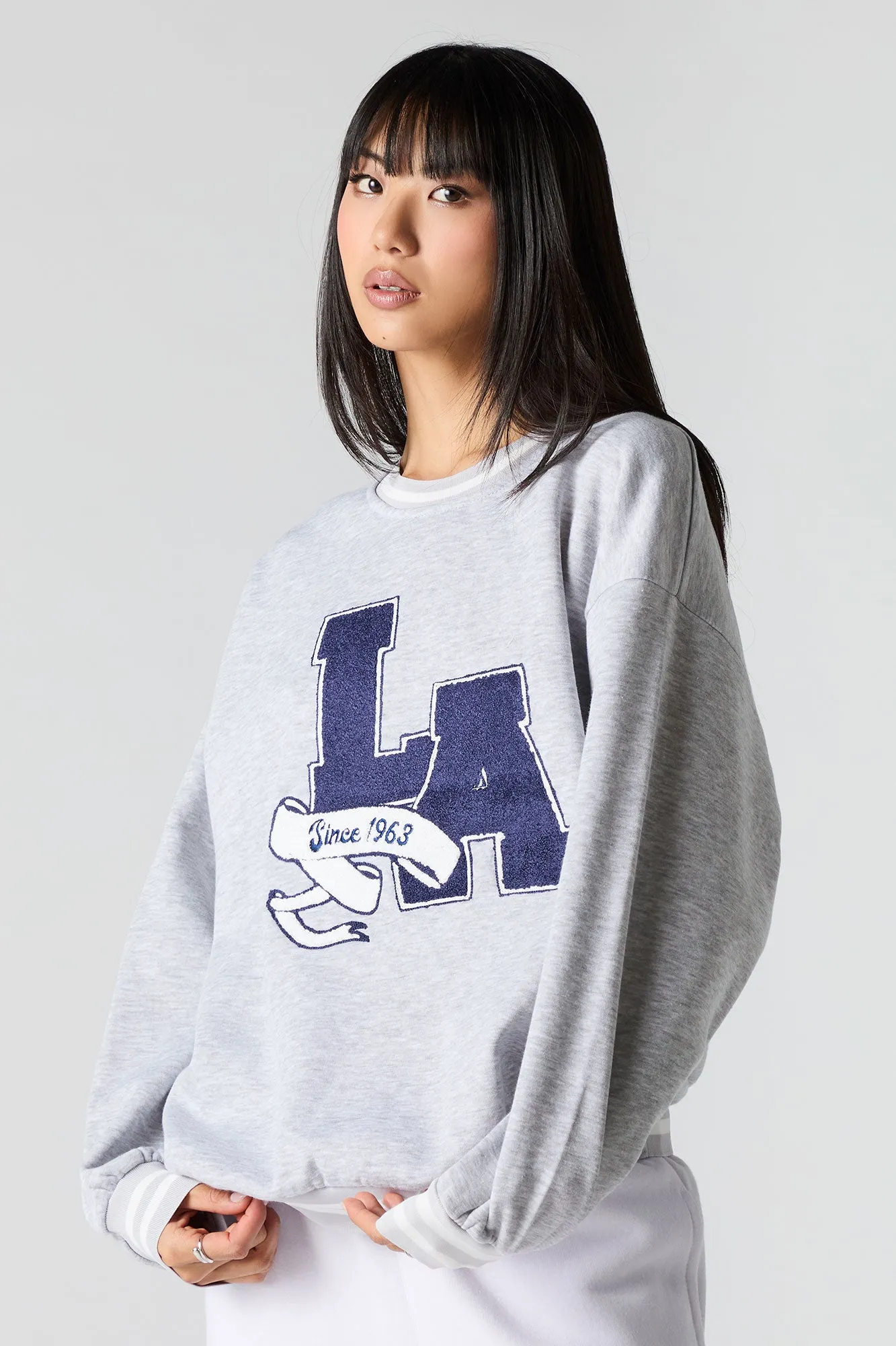 Embroidered Striped Trim Fleece Sweatshirt