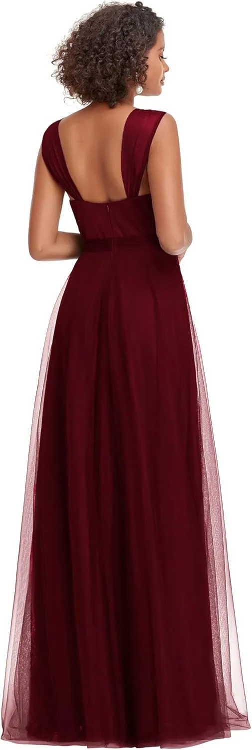 Ever-Pretty Women's Elegant V Neck Sash Waist A-Line Maxi Tulle Wrap Dress Bridesmaid Dresses 07303-USA