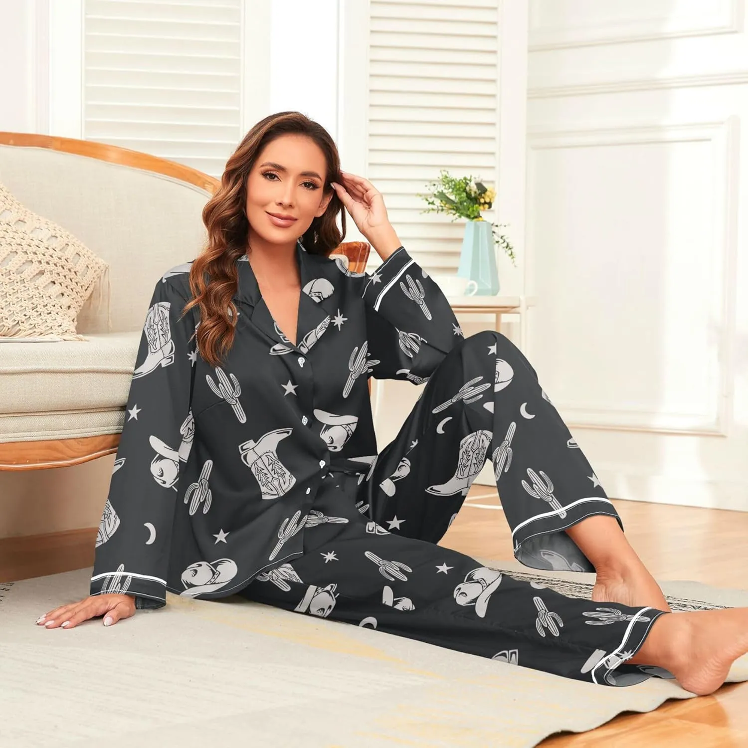Fisyme Womens Satin Pajama Set Long Sleeve Button Down Sleepwear Nightwear Loungewear Pj Sets S-XXL