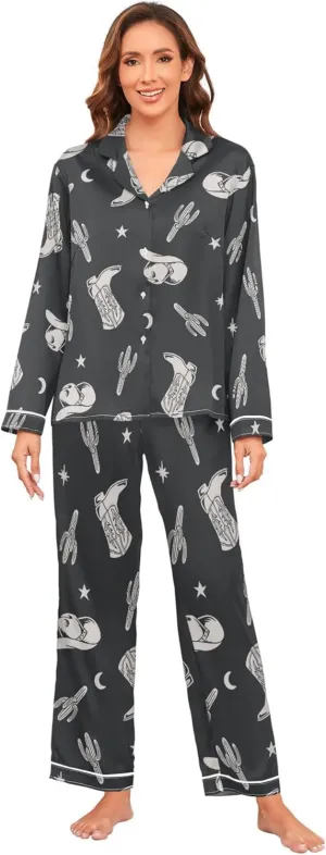 Fisyme Womens Satin Pajama Set Long Sleeve Button Down Sleepwear Nightwear Loungewear Pj Sets S-XXL
