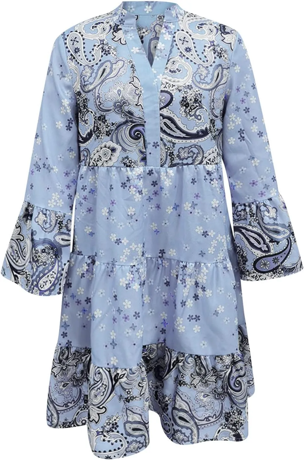 Floral Midi Dresses for Women 3/4 Sleeve Vintage Ruffle Flowy Boho Dress Summer Tassel Tie Neck Vacation Beach Sundress
