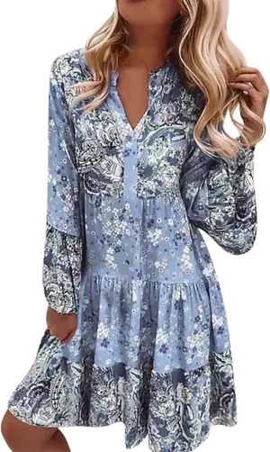 Floral Midi Dresses for Women 3/4 Sleeve Vintage Ruffle Flowy Boho Dress Summer Tassel Tie Neck Vacation Beach Sundress