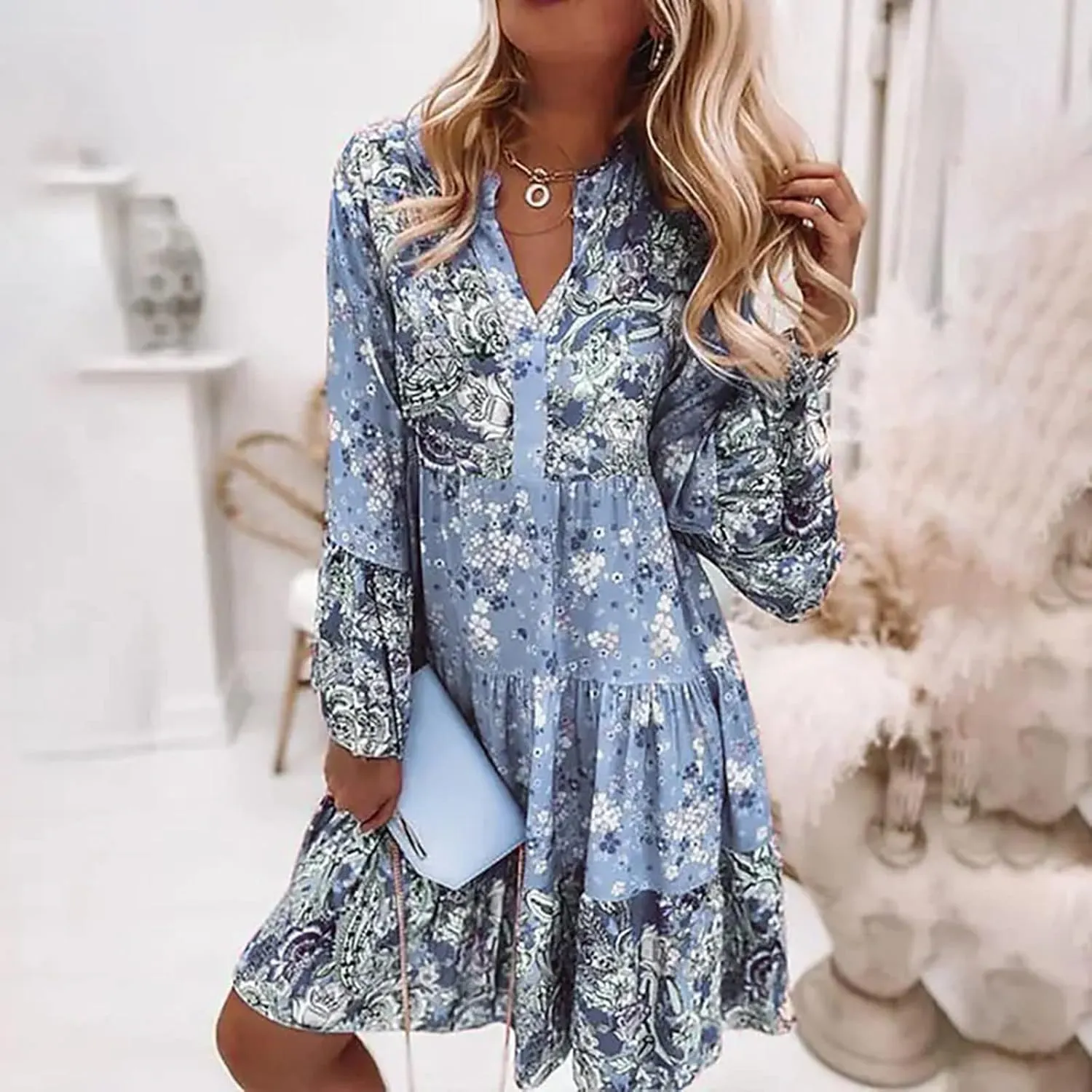 Floral Midi Dresses for Women 3/4 Sleeve Vintage Ruffle Flowy Boho Dress Summer Tassel Tie Neck Vacation Beach Sundress
