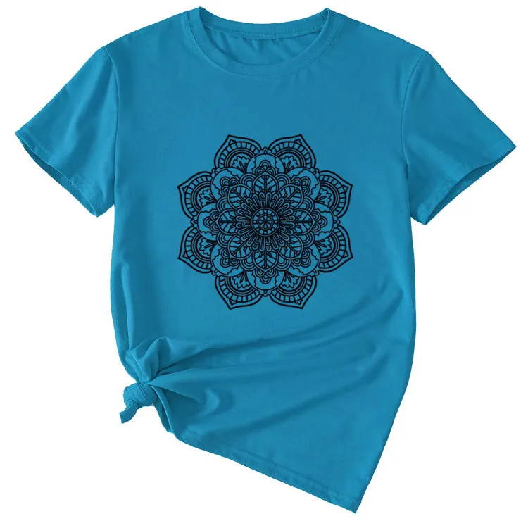 Flower Pattern Printed Casual Loose Round Neck Short Sleeves