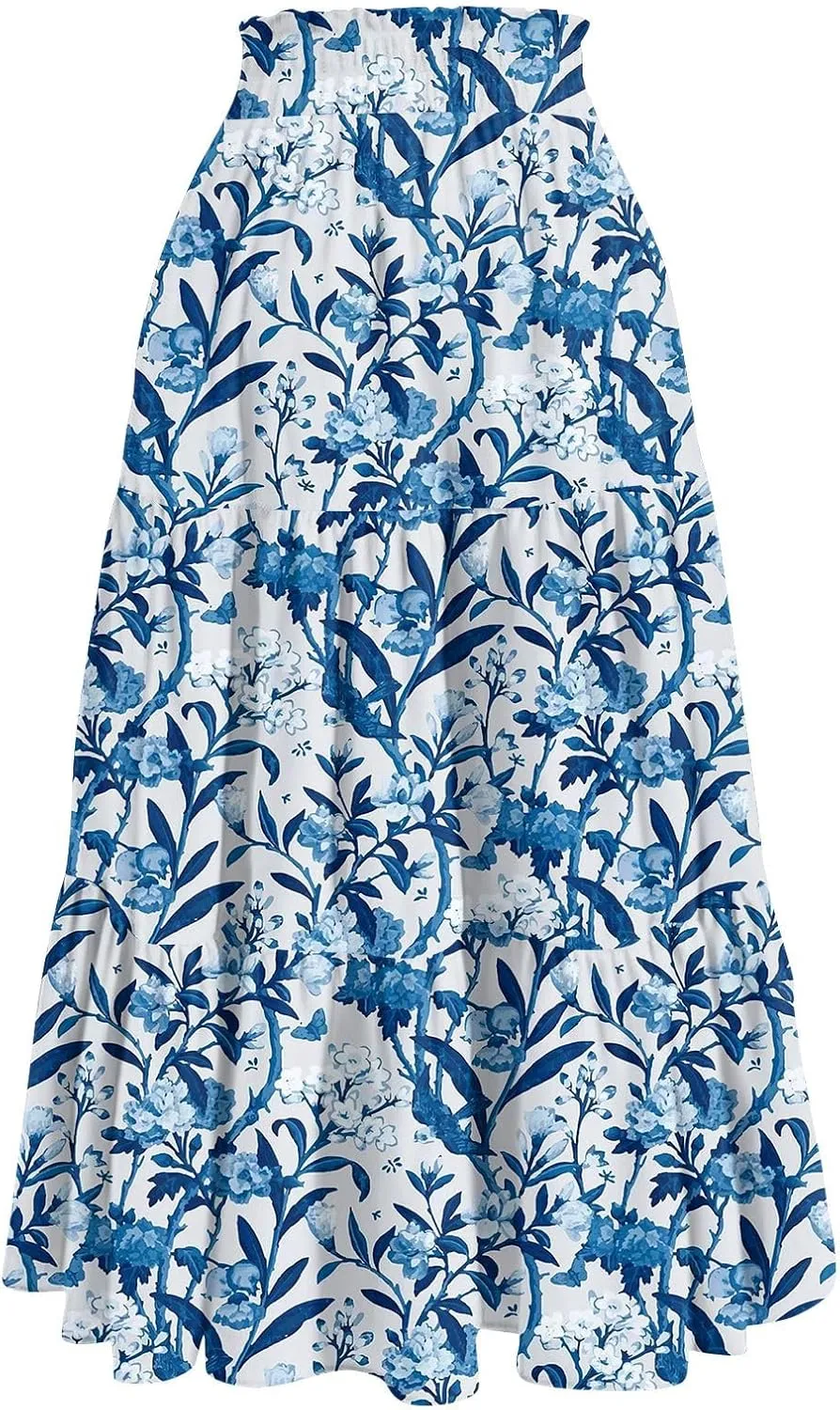 GOFULY Maxi Skirts for Women Long Casual Summer Floral Print A Line Skirt Drawstring Elastic High Waist Pleated Tiered Skirt