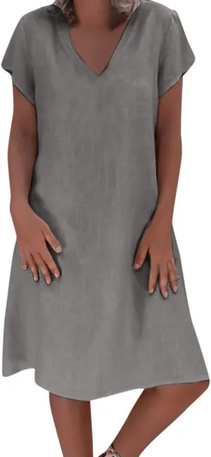 HGOOGY Modest Dresses for Women Summer Casual Midi Dresses V Neck Short Sleeve Knee Length Sun Dresses Beach Plus Size