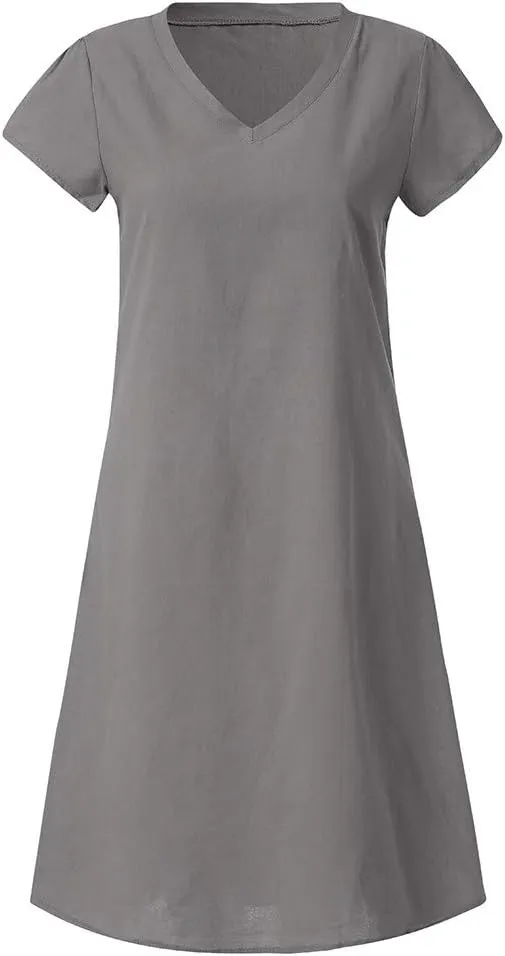 HGOOGY Modest Dresses for Women Summer Casual Midi Dresses V Neck Short Sleeve Knee Length Sun Dresses Beach Plus Size