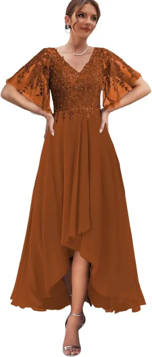 High Low Mother of The Bride Dresses for Women Lace Wedding Party Dress with Sleeves Chiffon Formal Gown