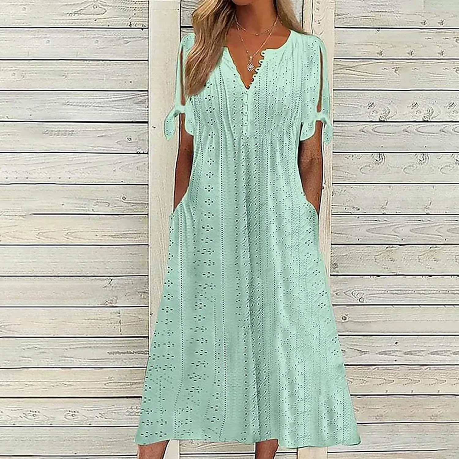 hlysgo Petite Dresses for Women Summer Boho Eyelet Embroidery Midi Dresses Beach Vacation Pleated Long Dress with Pockets