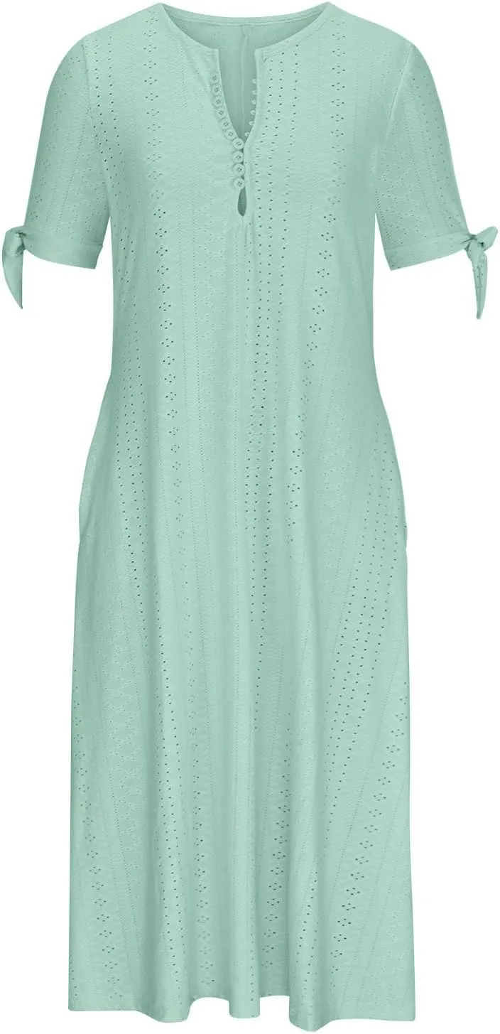 hlysgo Petite Dresses for Women Summer Boho Eyelet Embroidery Midi Dresses Beach Vacation Pleated Long Dress with Pockets
