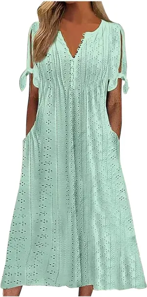 hlysgo Petite Dresses for Women Summer Boho Eyelet Embroidery Midi Dresses Beach Vacation Pleated Long Dress with Pockets