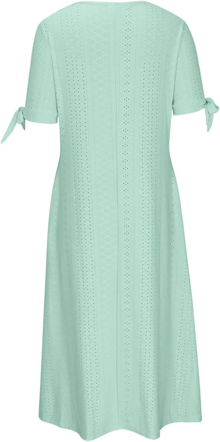 hlysgo Petite Dresses for Women Summer Boho Eyelet Embroidery Midi Dresses Beach Vacation Pleated Long Dress with Pockets