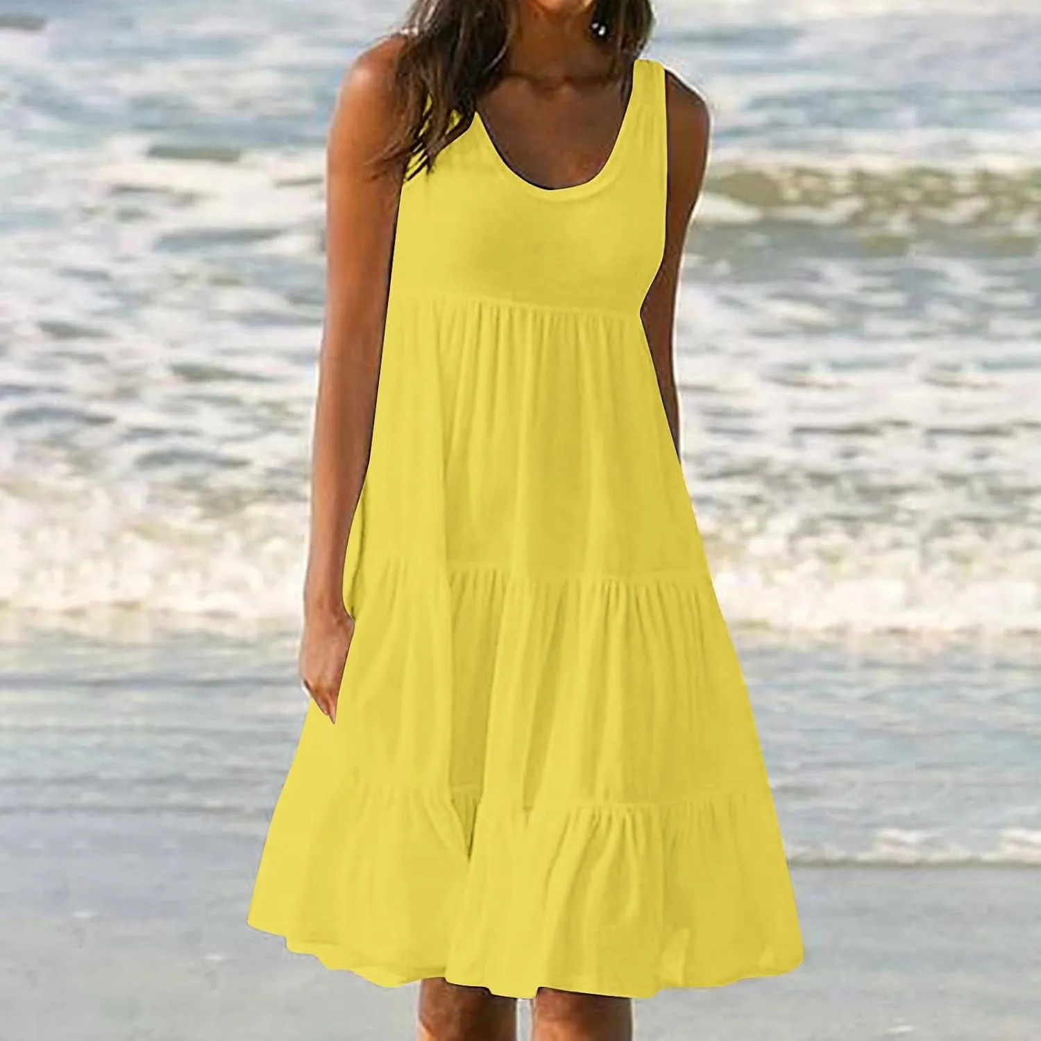 hlysgo Plus Size Summer Dresses for Women 2025 Casual Sleeveless Mini Beach Sundresses Flowy Tiered Tank Dress with Pockets
