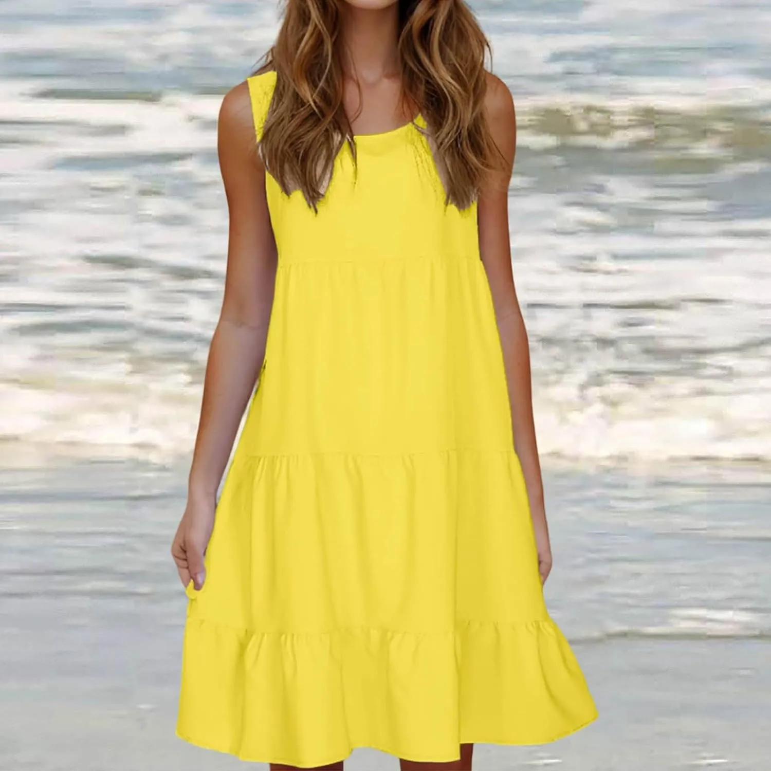 hlysgo Plus Size Summer Dresses for Women 2025 Casual Sleeveless Mini Beach Sundresses Flowy Tiered Tank Dress with Pockets