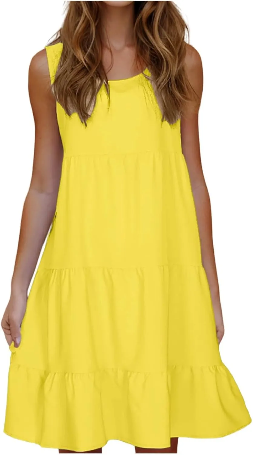 hlysgo Plus Size Summer Dresses for Women 2025 Casual Sleeveless Mini Beach Sundresses Flowy Tiered Tank Dress with Pockets