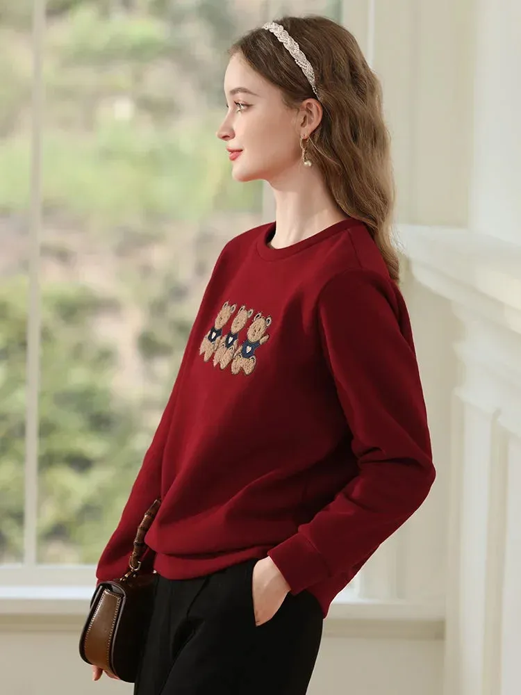 I BELIEVE YOU Loose Hoodies for Women Red Plus Fleece Thickened Bear Trendy Crewneck  Winter New Cozy Pullover 2234195432