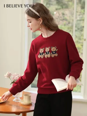 I BELIEVE YOU Loose Hoodies for Women Red Plus Fleece Thickened Bear Trendy Crewneck  Winter New Cozy Pullover 2234195432