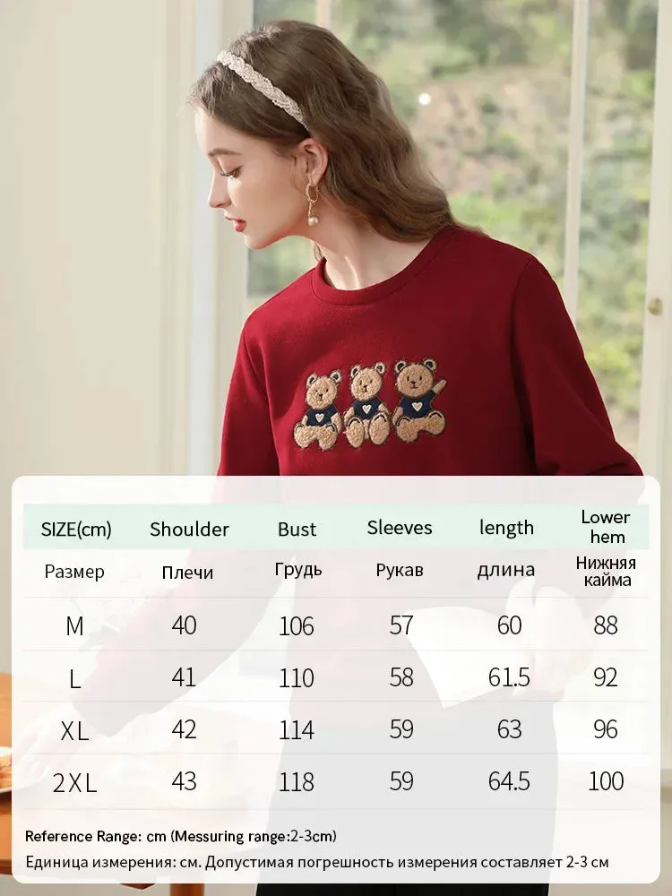 I BELIEVE YOU Loose Hoodies for Women Red Plus Fleece Thickened Bear Trendy Crewneck  Winter New Cozy Pullover 2234195432