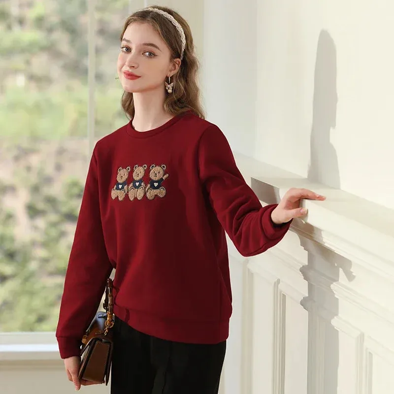 I BELIEVE YOU Loose Hoodies for Women Red Plus Fleece Thickened Bear Trendy Crewneck  Winter New Cozy Pullover 2234195432