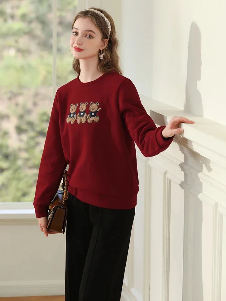 I BELIEVE YOU Loose Hoodies for Women Red Plus Fleece Thickened Bear Trendy Crewneck  Winter New Cozy Pullover 2234195432