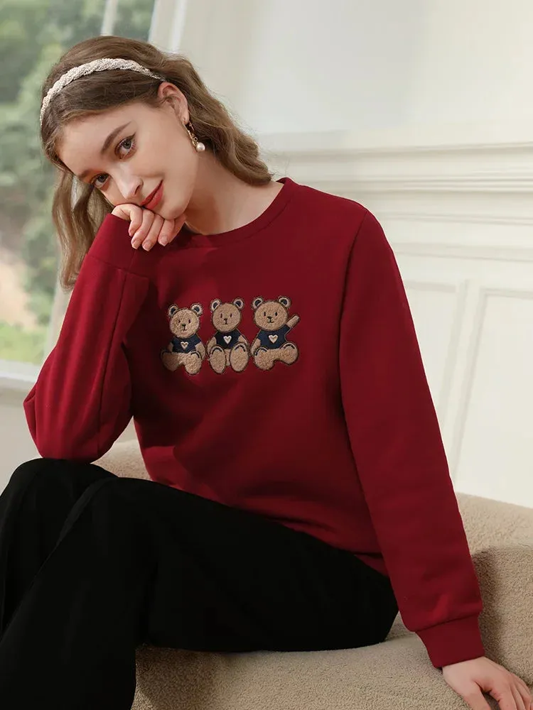 I BELIEVE YOU Loose Hoodies for Women Red Plus Fleece Thickened Bear Trendy Crewneck  Winter New Cozy Pullover 2234195432