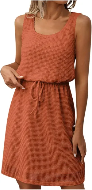 JOAU Women Summer Sleeveless Tank Dress Scoop Neck Elastic Drawstring Waist Knee Length Dresses A-Line Casual Beach Sundress