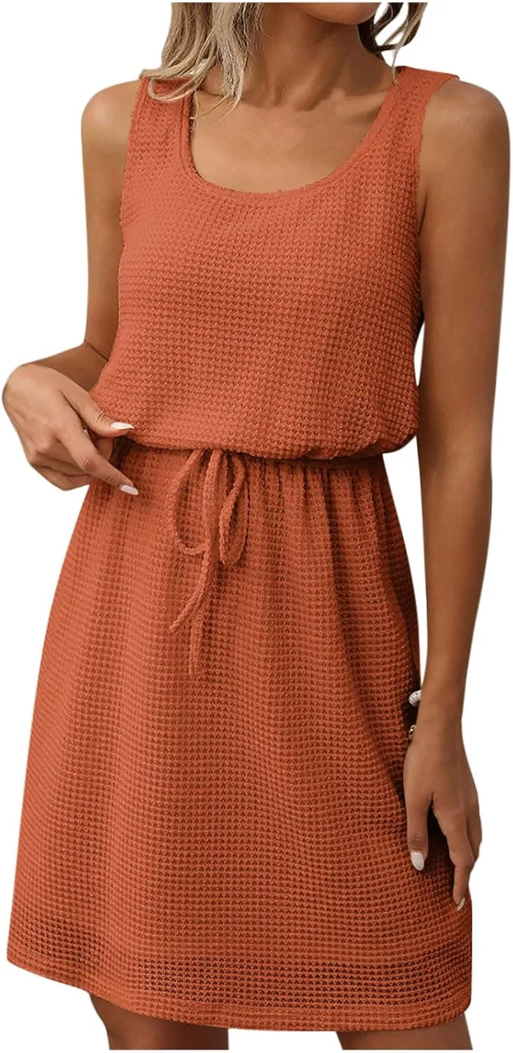 JOAU Women Summer Sleeveless Tank Dress Scoop Neck Elastic Drawstring Waist Knee Length Dresses A-Line Casual Beach Sundress