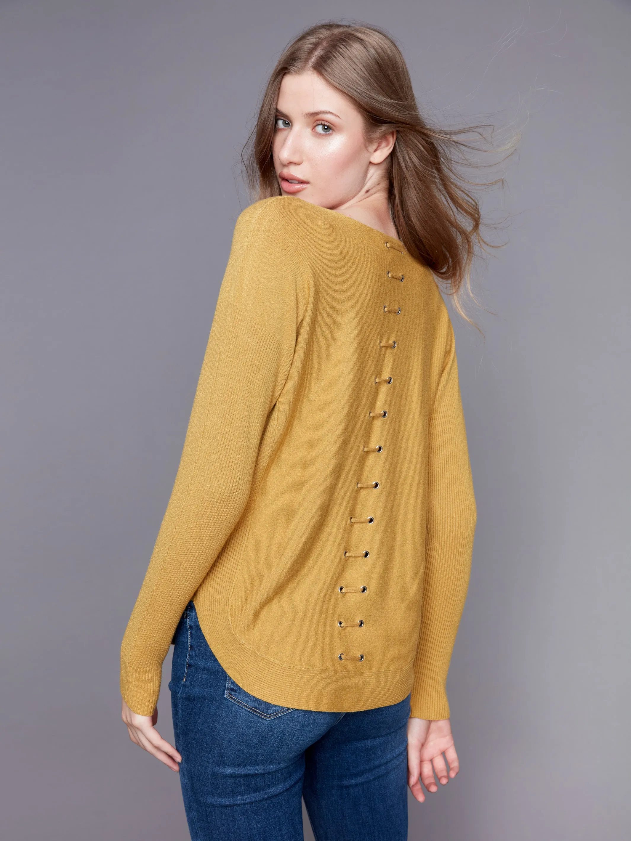 Knit Sweater With Back Detail Lace-Up  - Amber