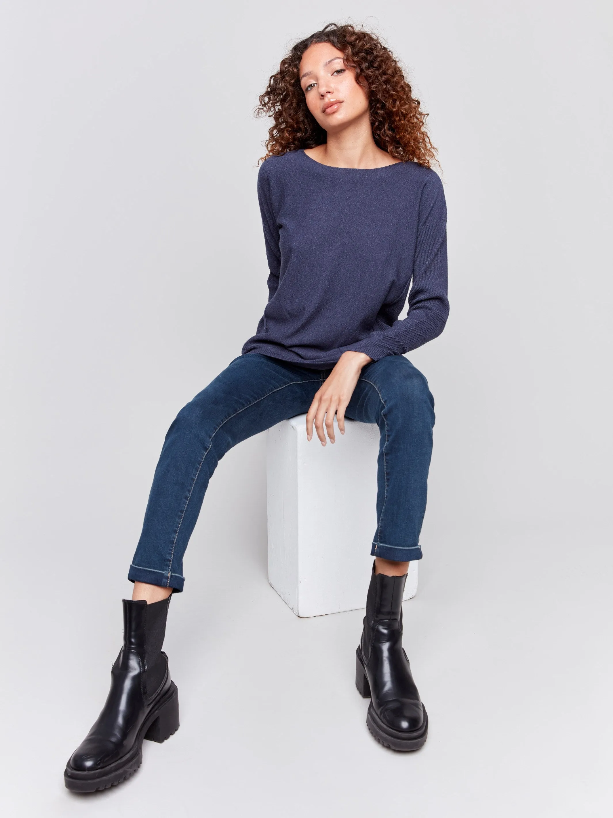 Knit Sweater With Back Detail Lace-Up - Denim