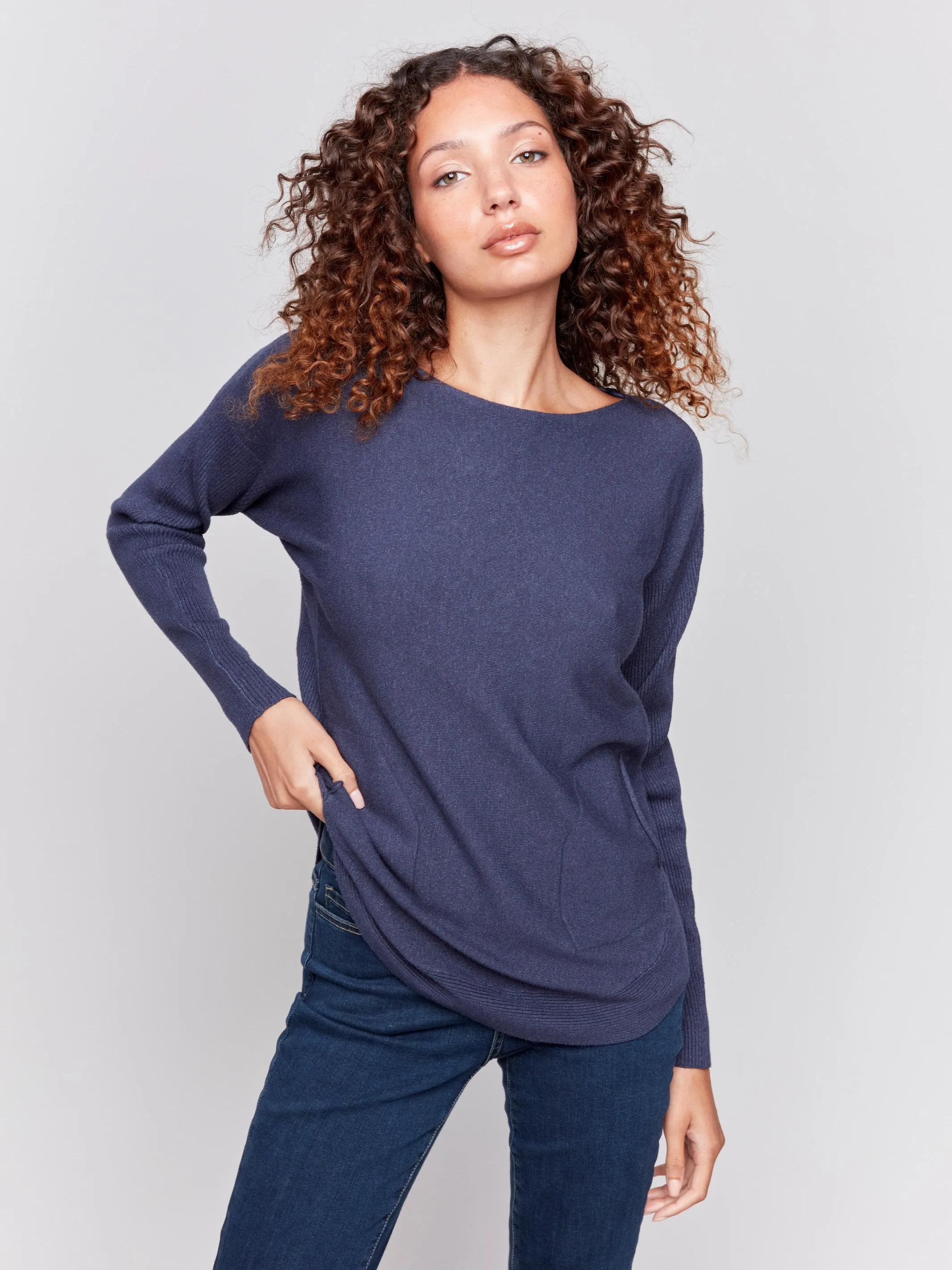 Knit Sweater With Back Detail Lace-Up - Denim