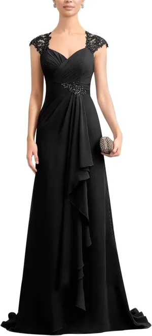 Lace Applique Chiffon Mother of The Bride Dresses for Wedding V Neck Long Evening Dresses with Ruffle for Women