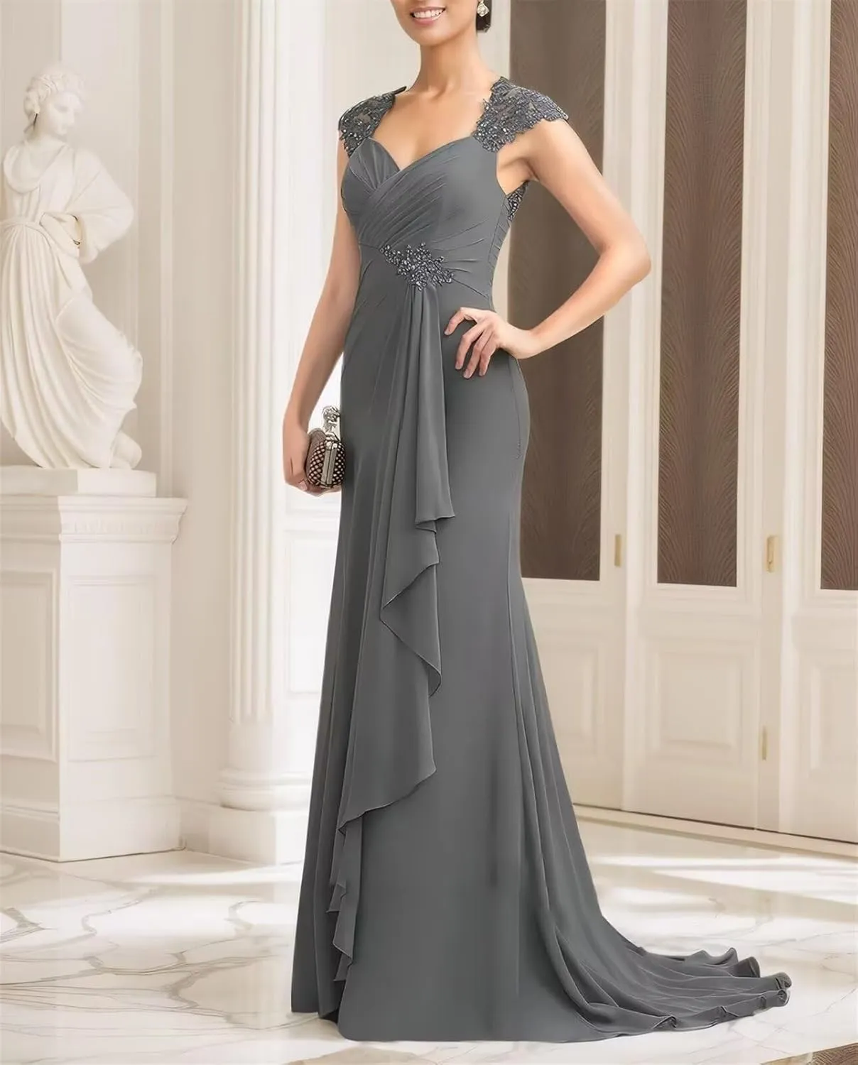 Lace Applique Chiffon Mother of The Bride Dresses for Wedding V Neck Long Evening Dresses with Ruffle for Women