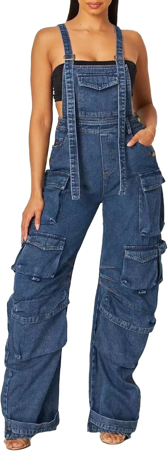 LETSVDO Women's Cargo Denim Overall Jumpsuit Wide Leg Bib Loose Baggy Stretch Casual Jean Overalls Romper Cargo Pants