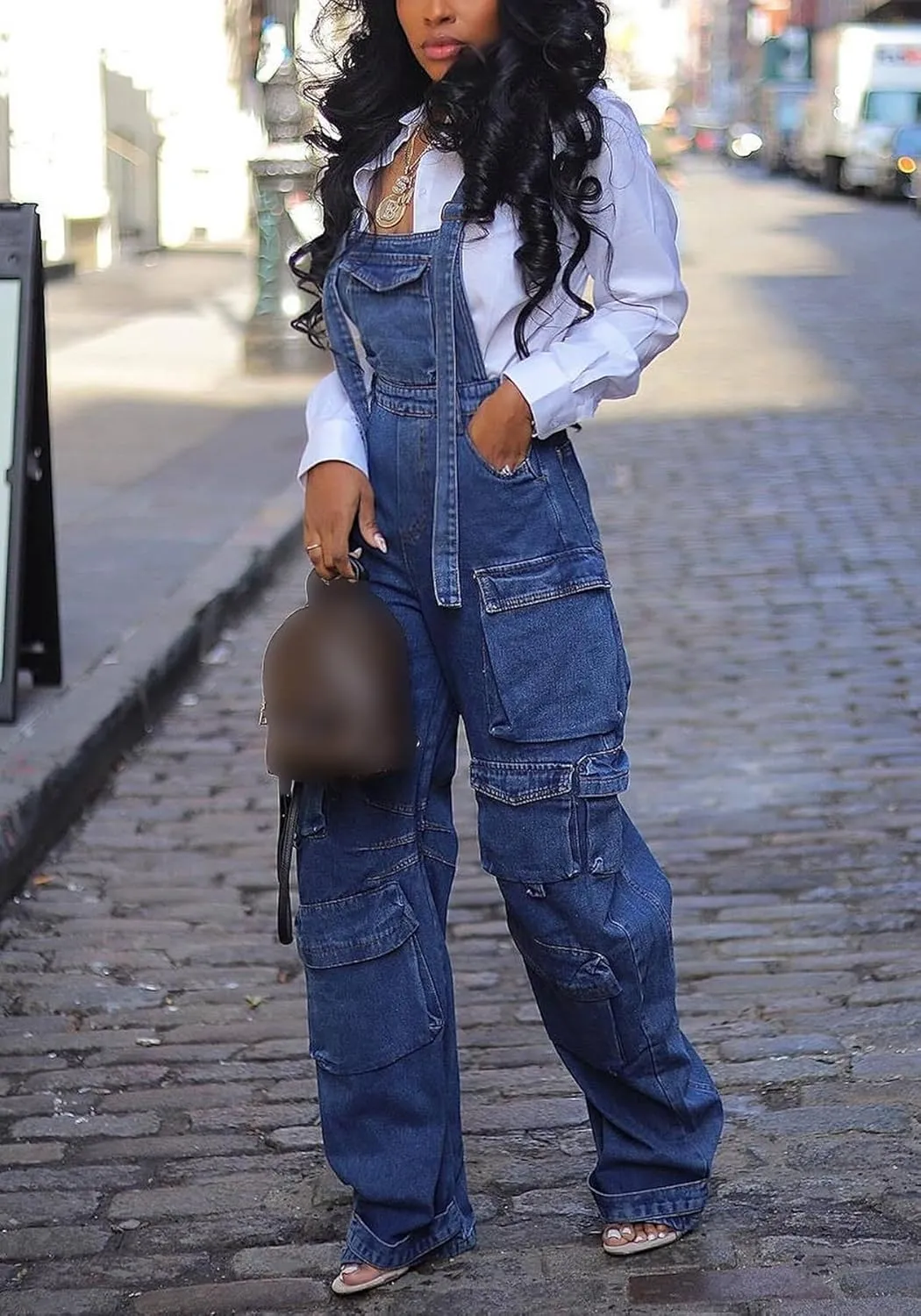 LETSVDO Women's Cargo Denim Overall Jumpsuit Wide Leg Bib Loose Baggy Stretch Casual Jean Overalls Romper Cargo Pants