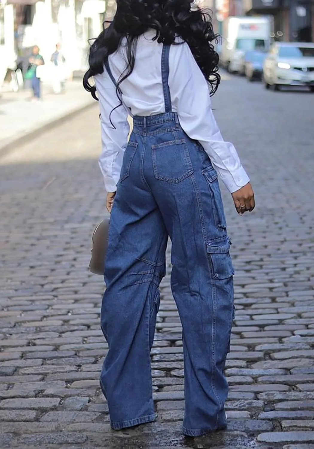 LETSVDO Women's Cargo Denim Overall Jumpsuit Wide Leg Bib Loose Baggy Stretch Casual Jean Overalls Romper Cargo Pants