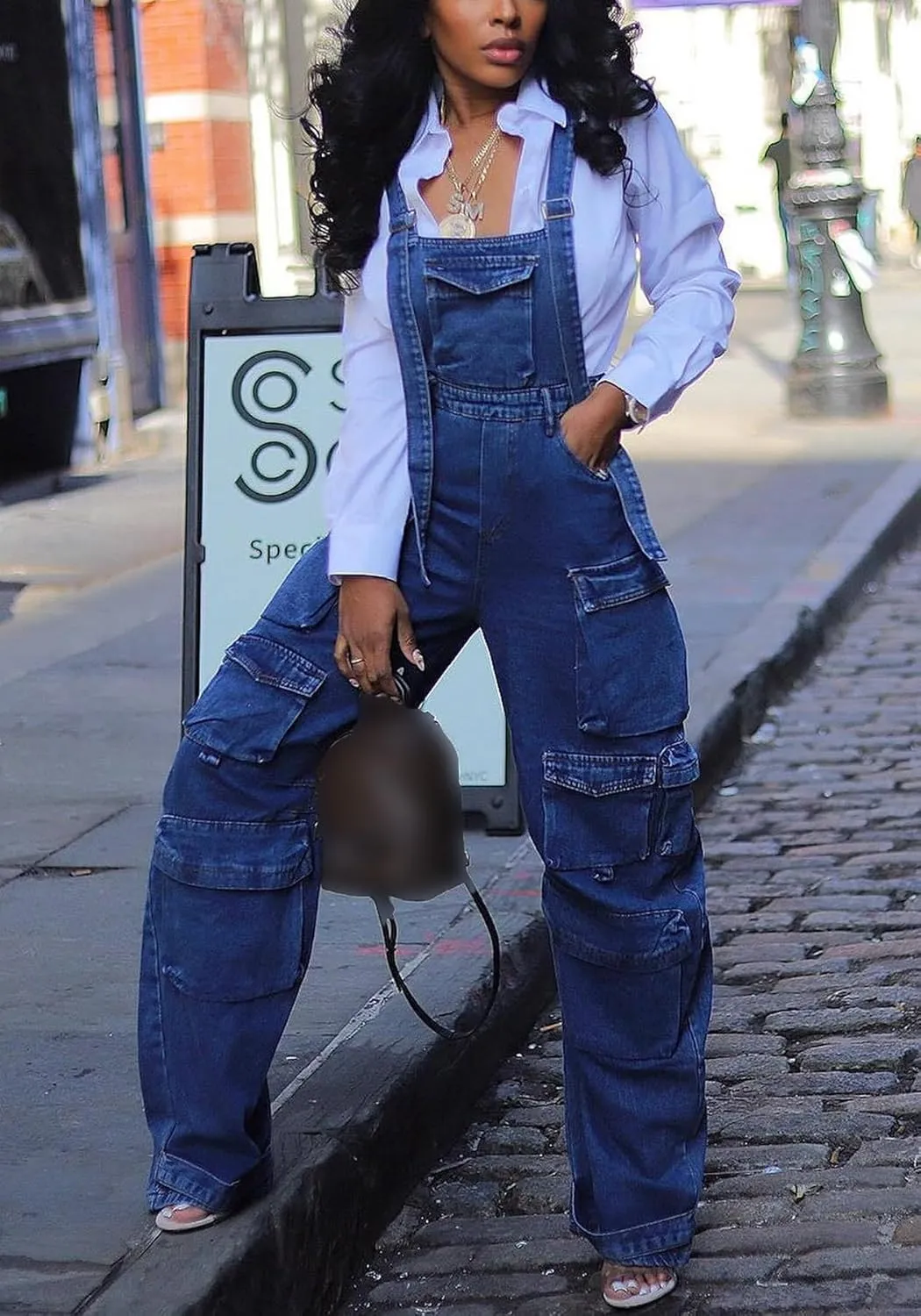 LETSVDO Women's Cargo Denim Overall Jumpsuit Wide Leg Bib Loose Baggy Stretch Casual Jean Overalls Romper Cargo Pants