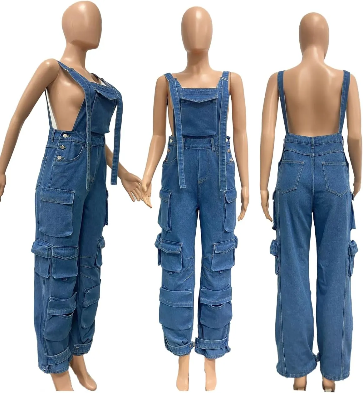 LETSVDO Women's Cargo Denim Overall Jumpsuit Wide Leg Bib Loose Baggy Stretch Casual Jean Overalls Romper Cargo Pants