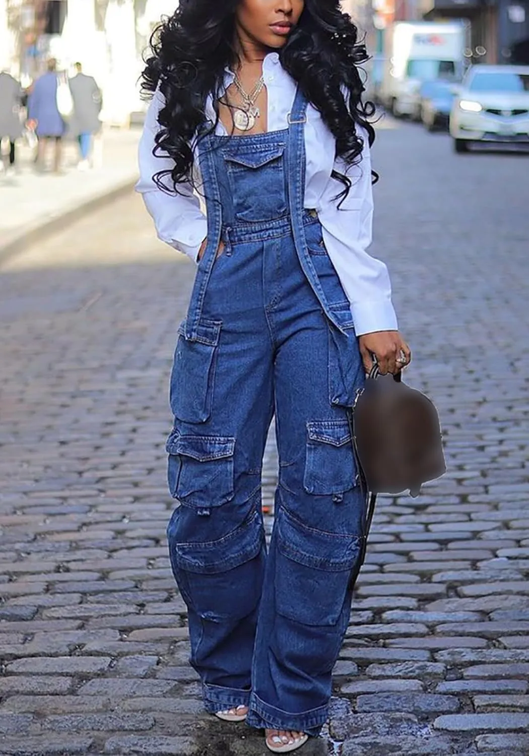 LETSVDO Women's Cargo Denim Overall Jumpsuit Wide Leg Bib Loose Baggy Stretch Casual Jean Overalls Romper Cargo Pants