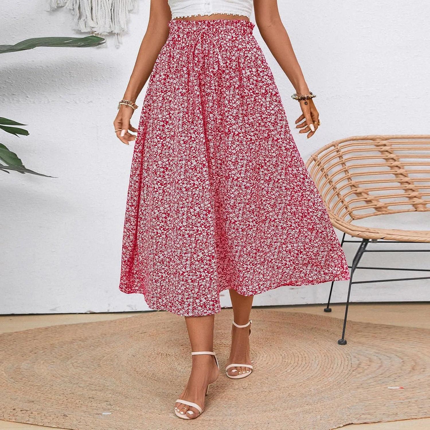 Linen Skirt for Women Summer Drawstring High Waisted Midi Skirt Smocked A Line Dressy Skirts Knee Length with Pockets