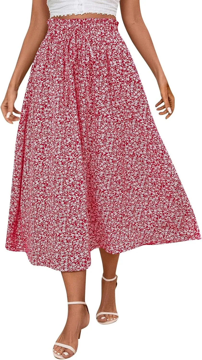 Linen Skirt for Women Summer Drawstring High Waisted Midi Skirt Smocked A Line Dressy Skirts Knee Length with Pockets