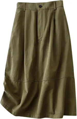 Lmdudan Women Cotton Linen Skirts 2025 Spring Summer A Line Midi Skirt with Pockets High Waist Casual Baggy Flowy Swing Skirt