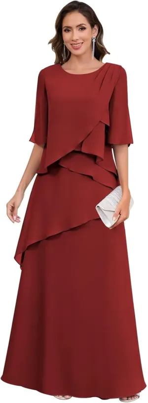 Long Mother of The Bride Dresses for Women A Line Chiffon Formal Evening Dress with Sleeves