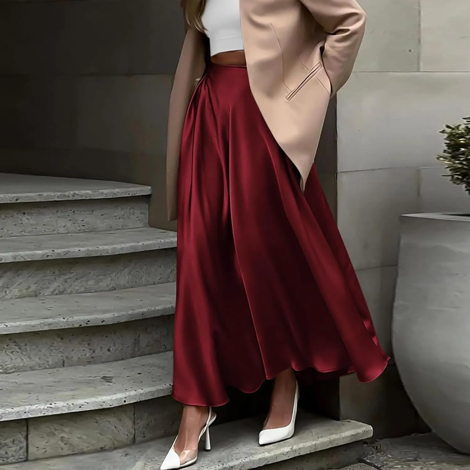 Long Skirts for Women 2025 Summer Vacation Satin Elastic High Waisted A Line Slip Skirt Elegant Work Office Flowy Maxi Skirt